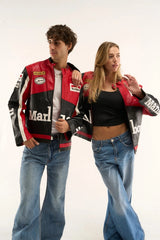 Vintage Racing Leather Jacket Red & Black – Motorsport Streetwear Biker Jacket (Unisex)