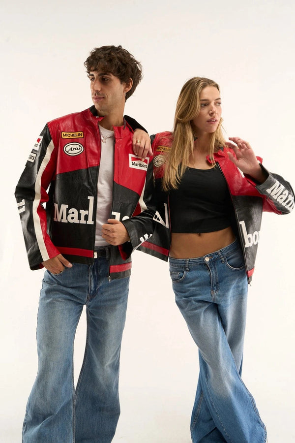 Vintage Racing Leather Jacket Red & Black – Motorsport Streetwear Biker Jacket (Unisex)