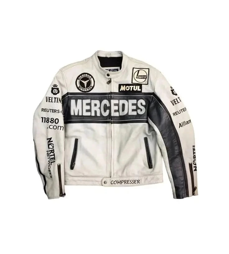 Mercedes AMG Racing Leather Jacket – Premium Black White Biker Streetwear Jacket for Men & Women | Motorsport Style Jacket