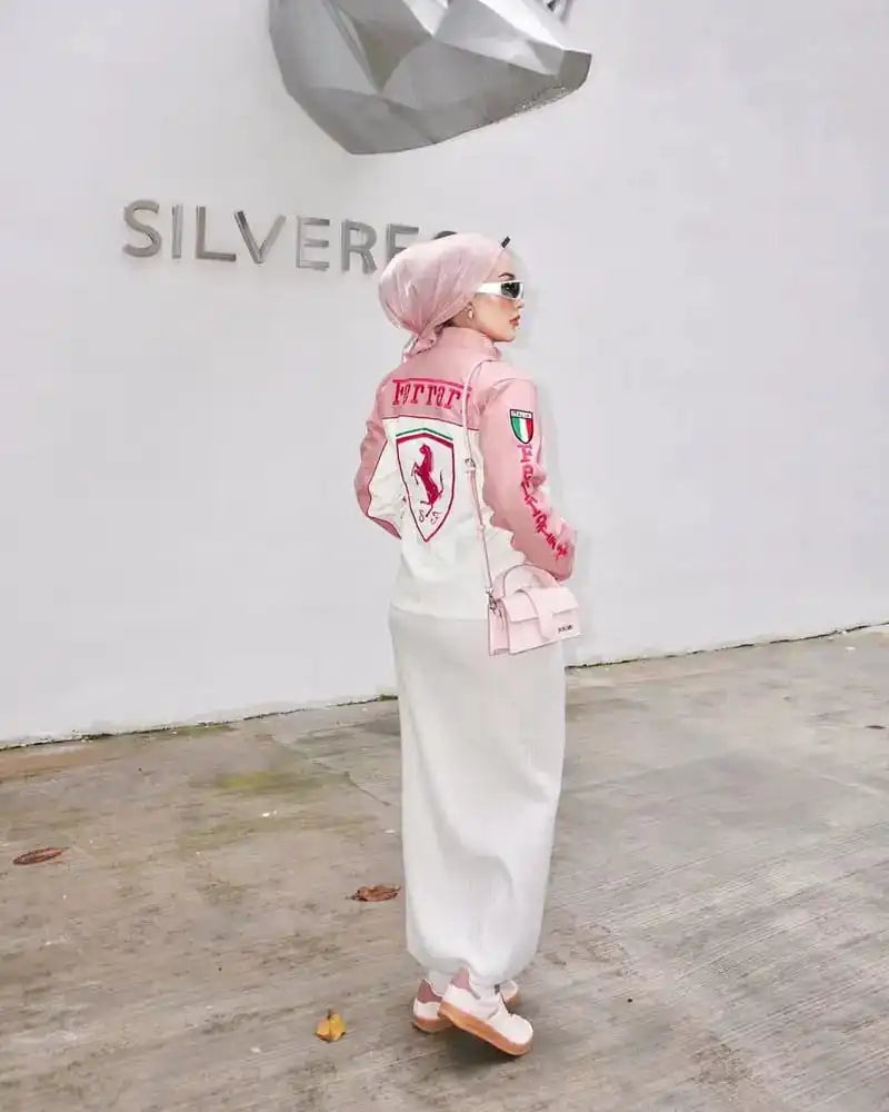 Women’s Pink Ferrari Racing Jacket – Oversized Motorsport Streetwear Jacket | Modest Y2K Aesthetic Zip-Up Jacket