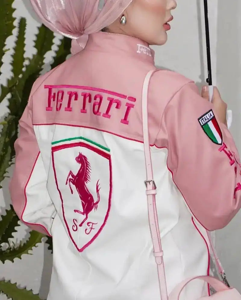 Women’s Pink Ferrari Racing Jacket – Oversized Motorsport Streetwear Jacket | Modest Y2K Aesthetic Zip-Up Jacket