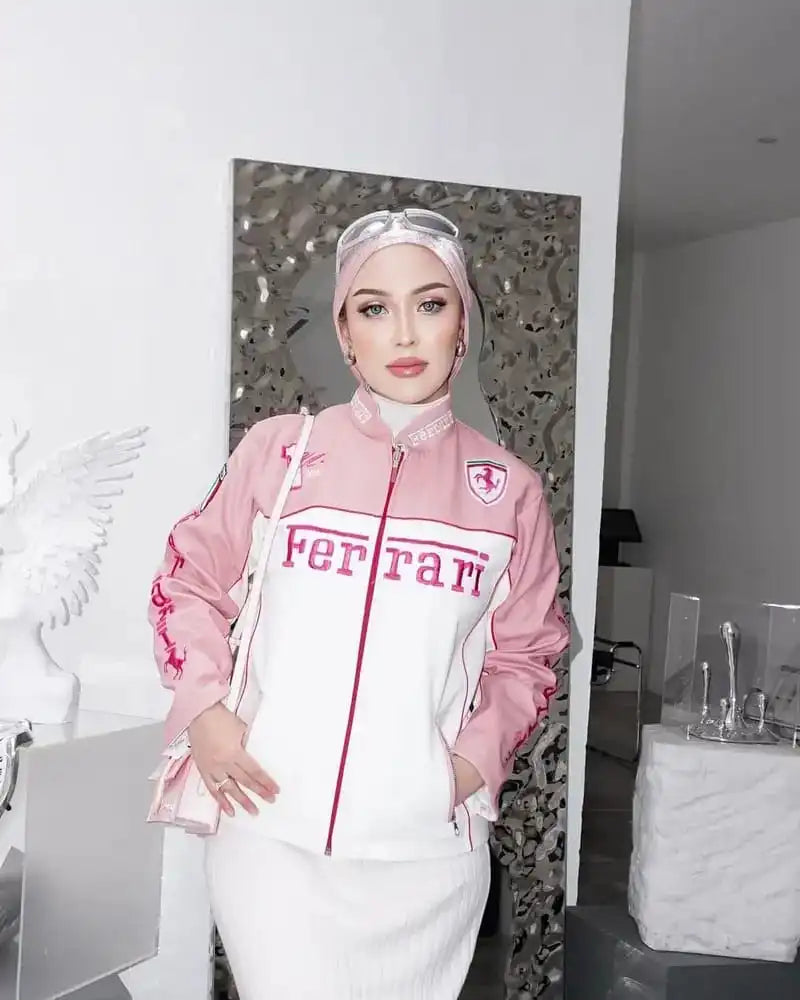 Women’s Pink Ferrari Racing Jacket – Oversized Motorsport Streetwear Jacket | Modest Y2K Aesthetic Zip-Up Jacket