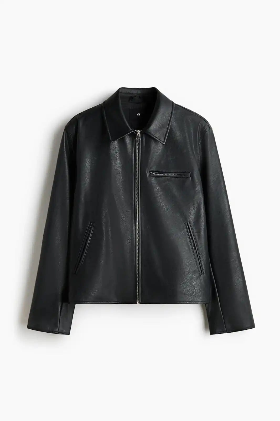Men’s Black Leather Jacket – Minimal Classic Zip-Up Jacket for Streetwear and Casual Style