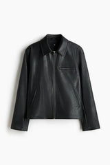 Men’s Black Leather Jacket – Minimal Classic Zip-Up Jacket for Streetwear and Casual Style
