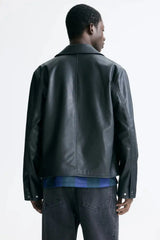 Men’s Black Leather Jacket – Minimal Classic Zip-Up Jacket for Streetwear and Casual Style