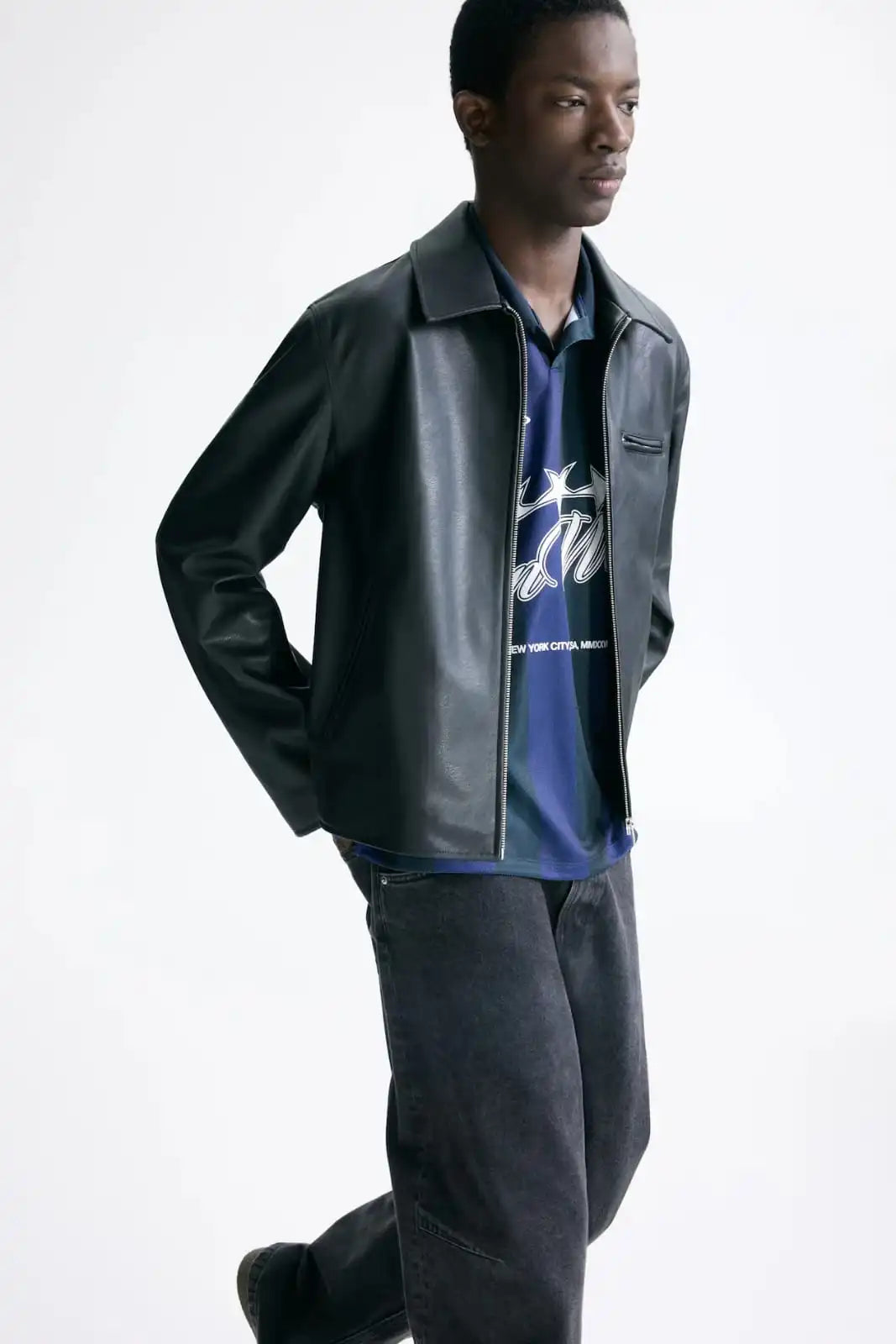 Men’s Black Leather Jacket – Minimal Classic Zip-Up Jacket for Streetwear and Casual Style