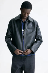 Men’s Black Leather Jacket – Minimal Classic Zip-Up Jacket for Streetwear and Casual Style