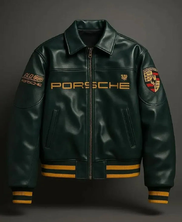 Porsche Style Green Leather Racing Jacket – Premium Motorsport Streetwear Jacket (Unisex)