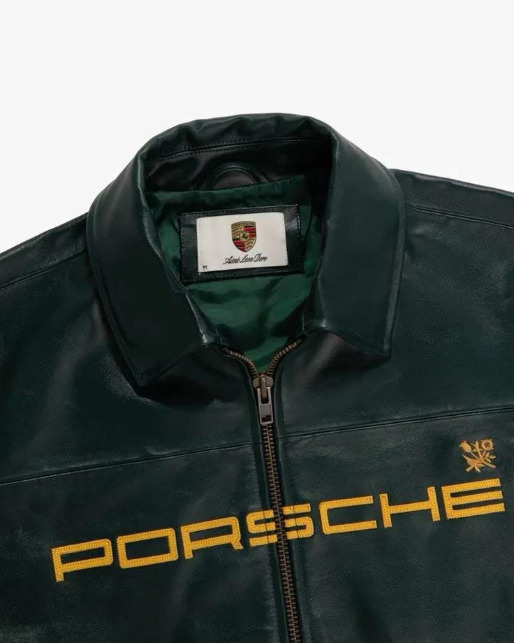 Porsche Style Green Leather Racing Jacket – Premium Motorsport Streetwear Jacket (Unisex)