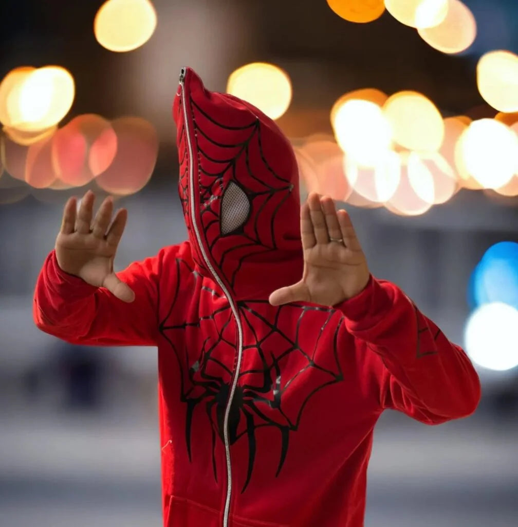 Red Spider Zip-Up Hoodie – Full Face Mask Graphic Hoodie for Men Streetwear in INDIA
