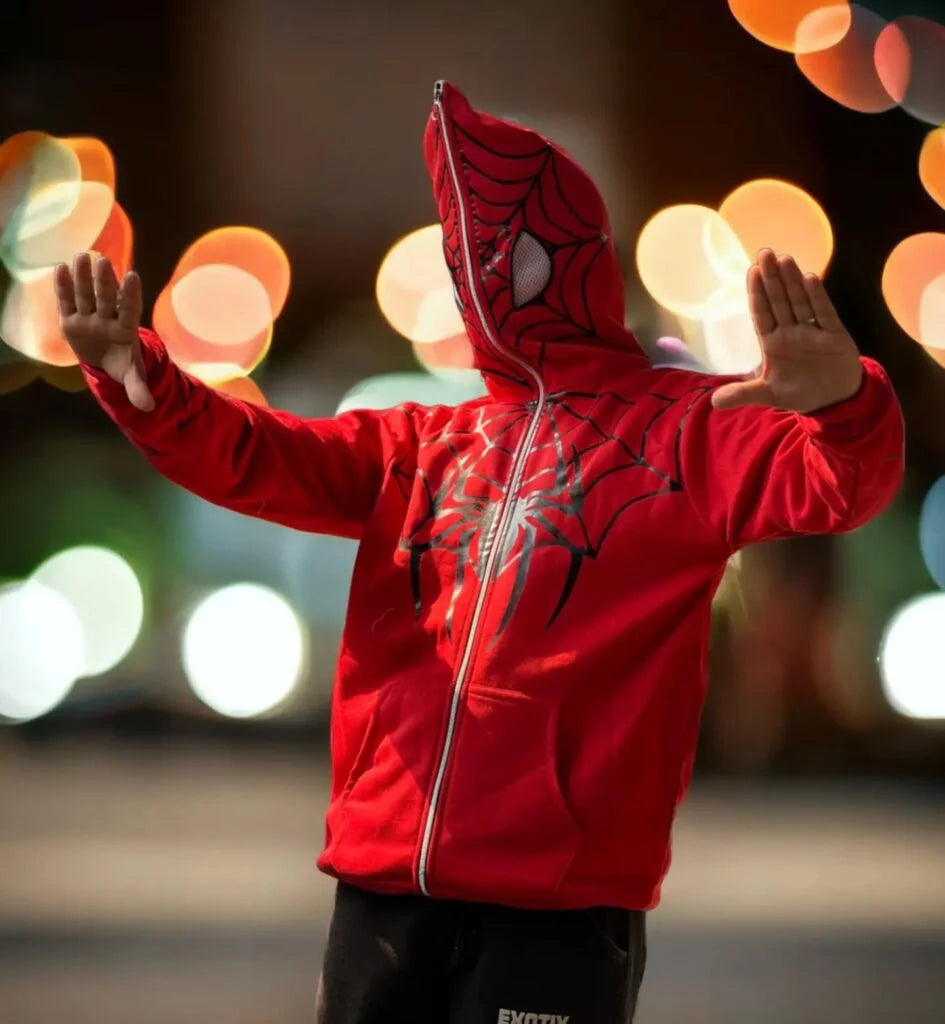 Red Spider Zip-Up Hoodie – Full Face Mask Graphic Hoodie for Men Streetwear in INDIA