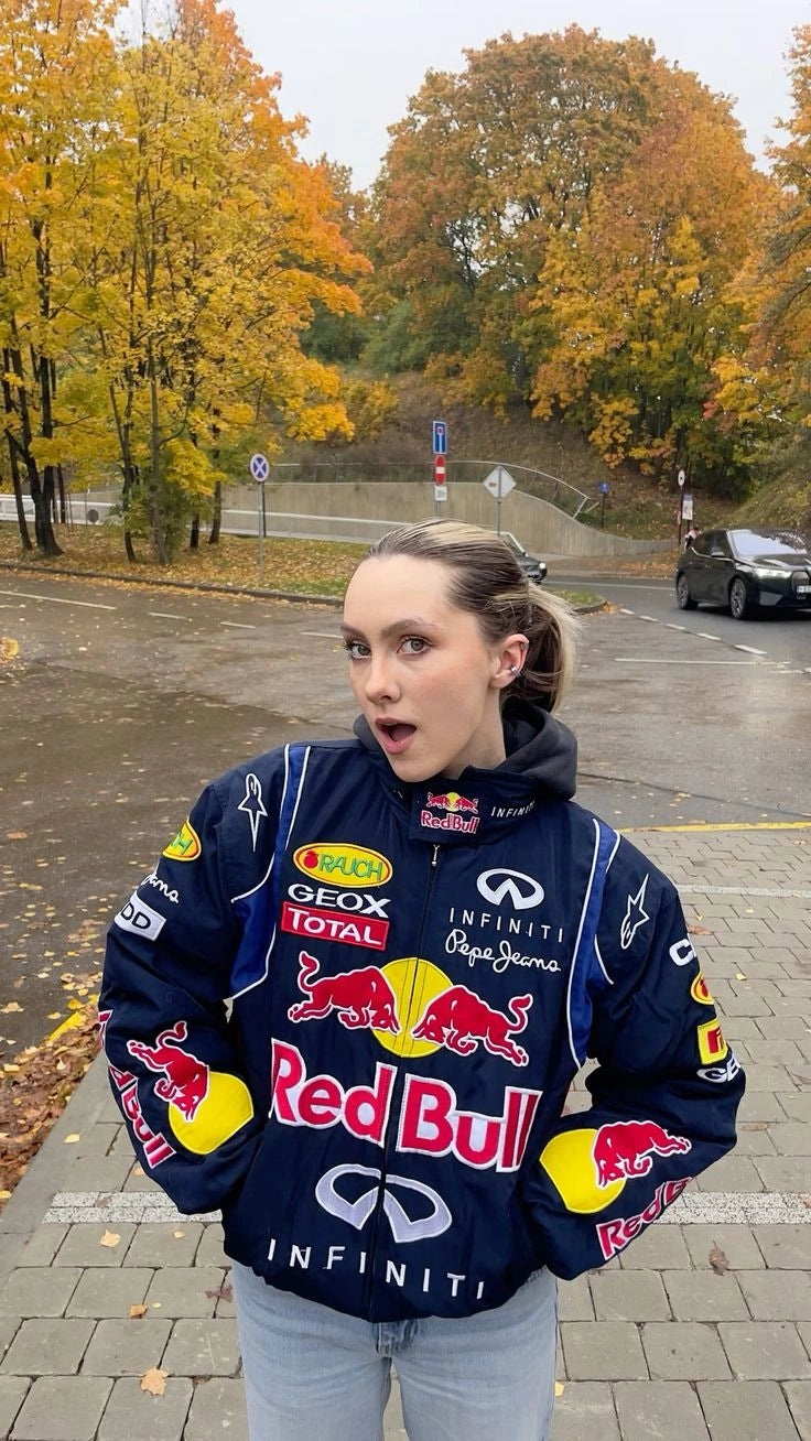 Red Bull Racing Inspired Jacket for Men & Women – F1 Motorsport Streetwear Jacket, Premium Zip-Up Racing Jacket with Logo Print