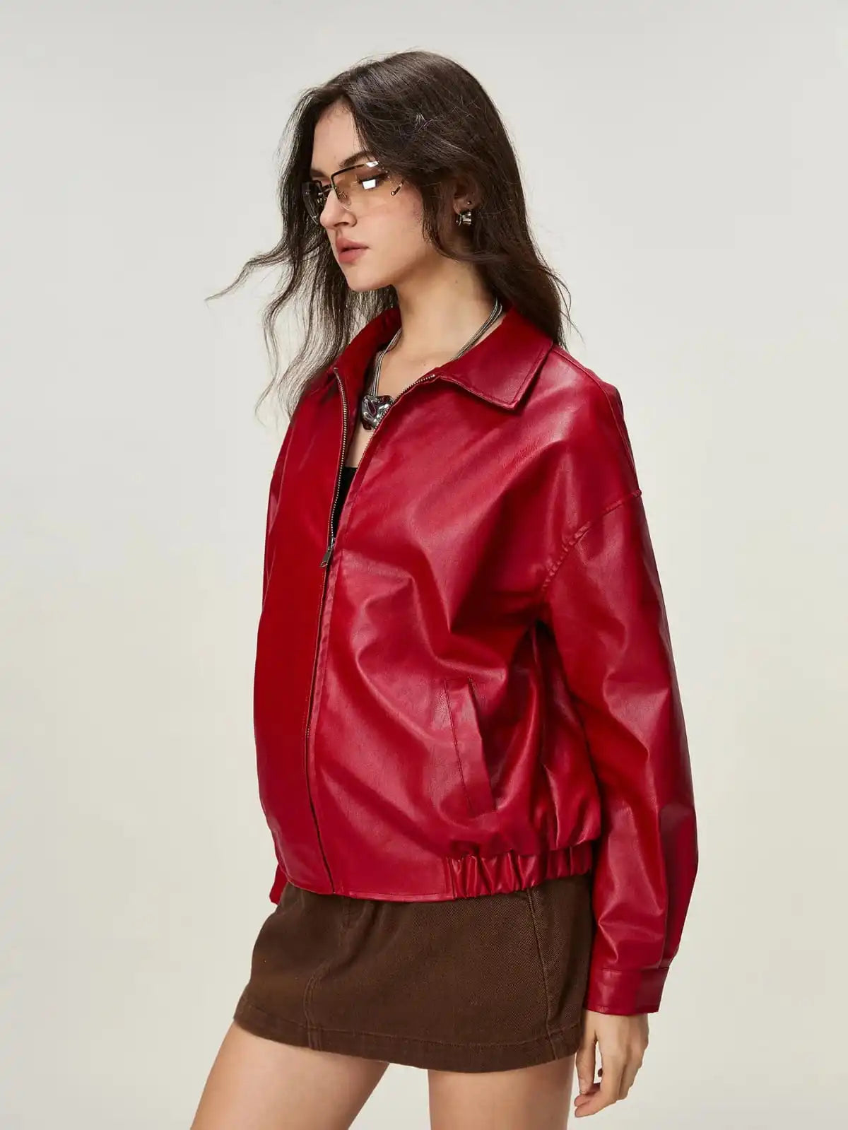 Women’s Red Faux Leather Jacket – Oversized Zip-Up Streetwear Jacket (Trendy Casual Fit)