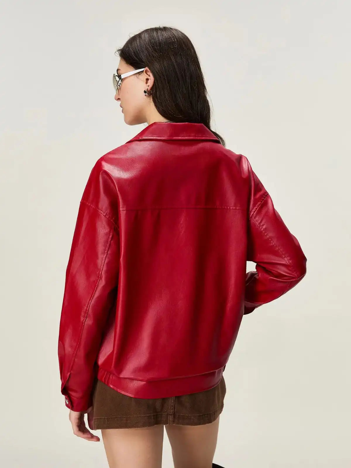 Women’s Red Faux Leather Jacket – Oversized Zip-Up Streetwear Jacket (Trendy Casual Fit)