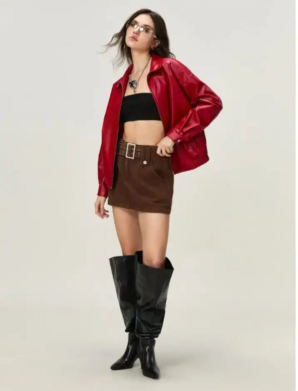 Women’s Red Faux Leather Jacket – Oversized Zip-Up Streetwear Jacket (Trendy Casual Fit)