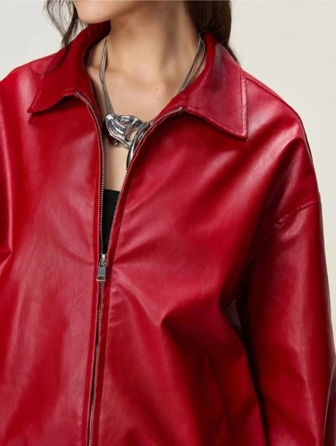 Women’s Red Faux Leather Jacket – Oversized Zip-Up Streetwear Jacket (Trendy Casual Fit)