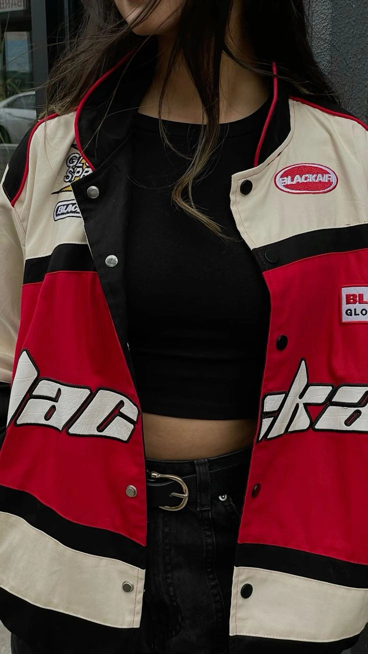Blackair Motorsport Racing Jacket – Red Black Streetwear Varsity Jacket for Women