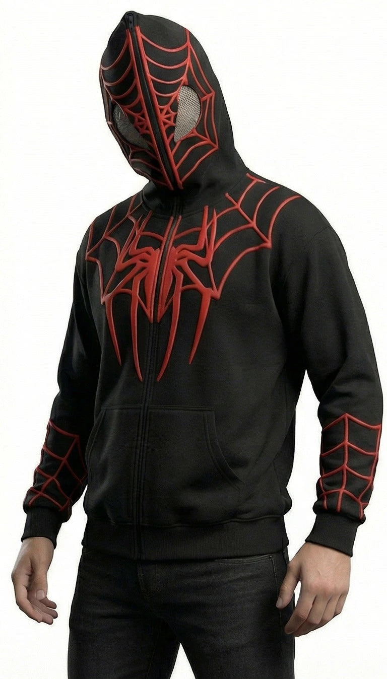 Spider Web Mask Zip-Up Hoodie –  Streetwear Full Face Hoodie Jacket for Men & Women | Gothic Anime Style Oversized Sweatshirt