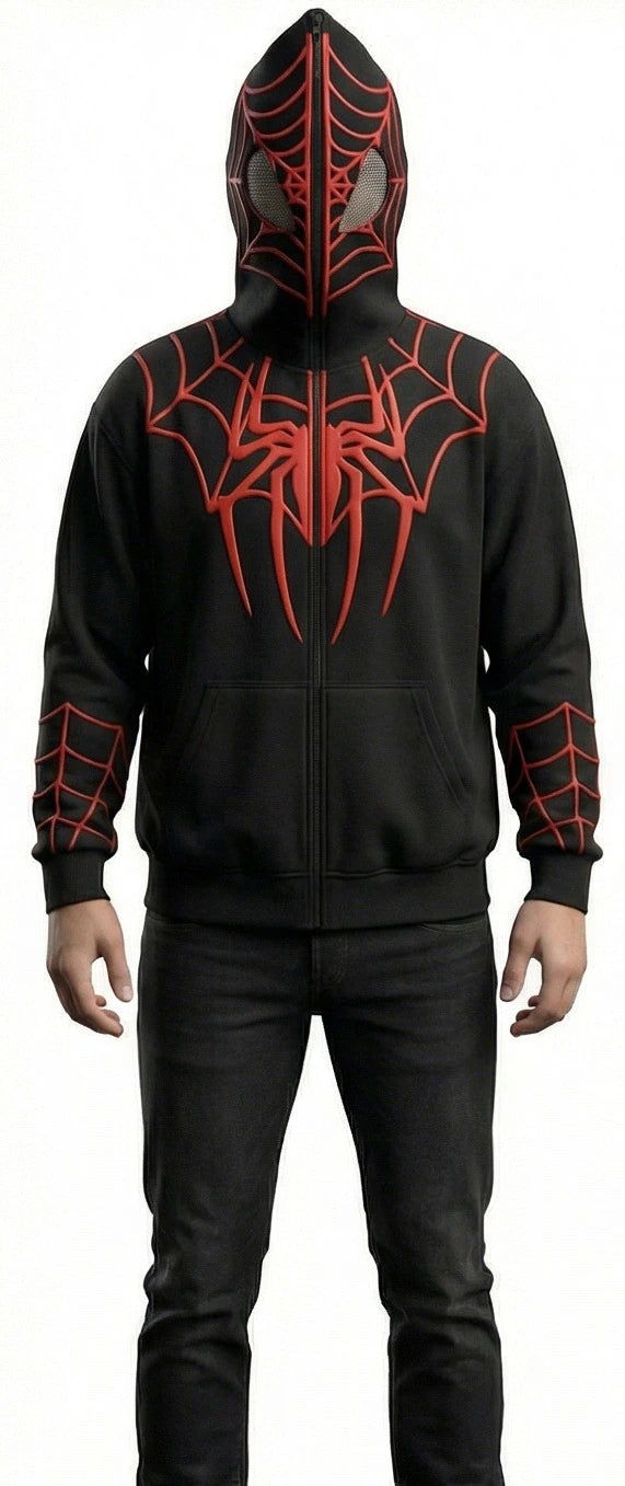 Spider Web Mask Zip-Up Hoodie –  Streetwear Full Face Hoodie Jacket for Men & Women | Gothic Anime Style Oversized Sweatshirt