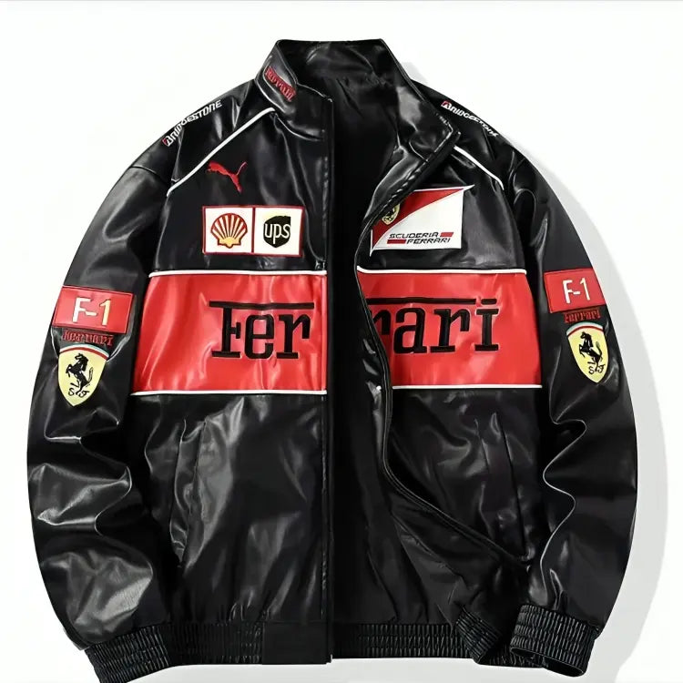 F1 Racing Leather Jacket – Black Motorsport Streetwear Jacket with Embroidered Patches (Unisex)