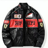 F1 Racing Leather Jacket – Black Motorsport Streetwear Jacket with Embroidered Patches (Unisex)
