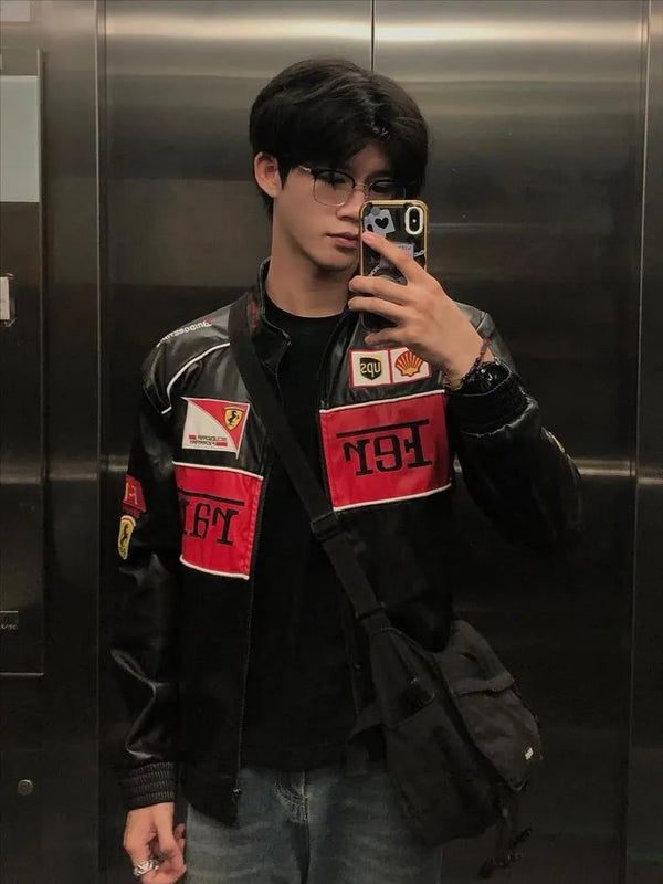 F1 Racing Leather Jacket – Black Motorsport Streetwear Jacket with Embroidered Patches (Unisex)