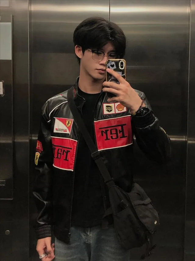 F1 Racing Leather Jacket – Black Motorsport Streetwear Jacket with Embroidered Patches (Unisex)