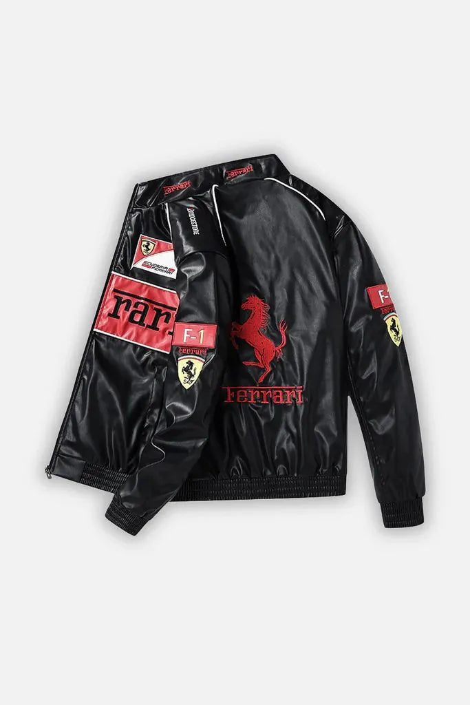 F1 Racing Leather Jacket – Black Motorsport Streetwear Jacket with Embroidered Patches (Unisex)