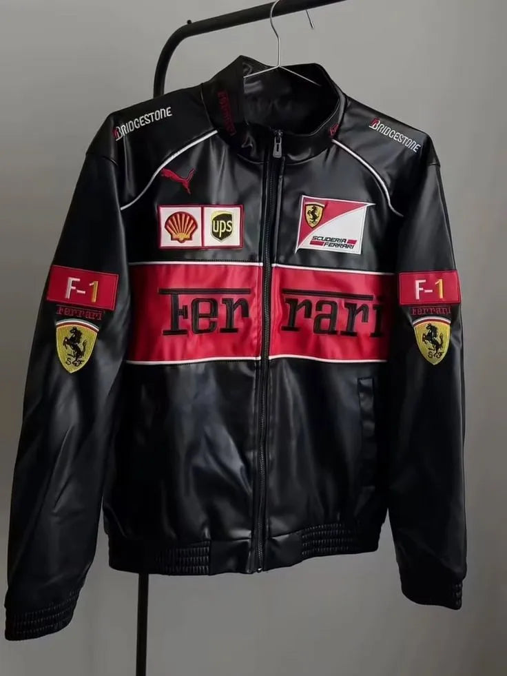 F1 Racing Leather Jacket – Black Motorsport Streetwear Jacket with Embroidered Patches (Unisex)