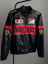 F1 Racing Leather Jacket – Black Motorsport Streetwear Jacket with Embroidered Patches (Unisex)