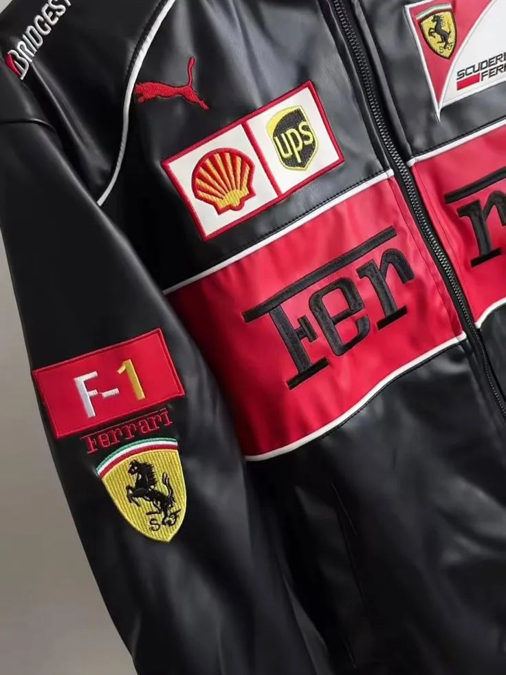 F1 Racing Leather Jacket – Black Motorsport Streetwear Jacket with Embroidered Patches (Unisex)