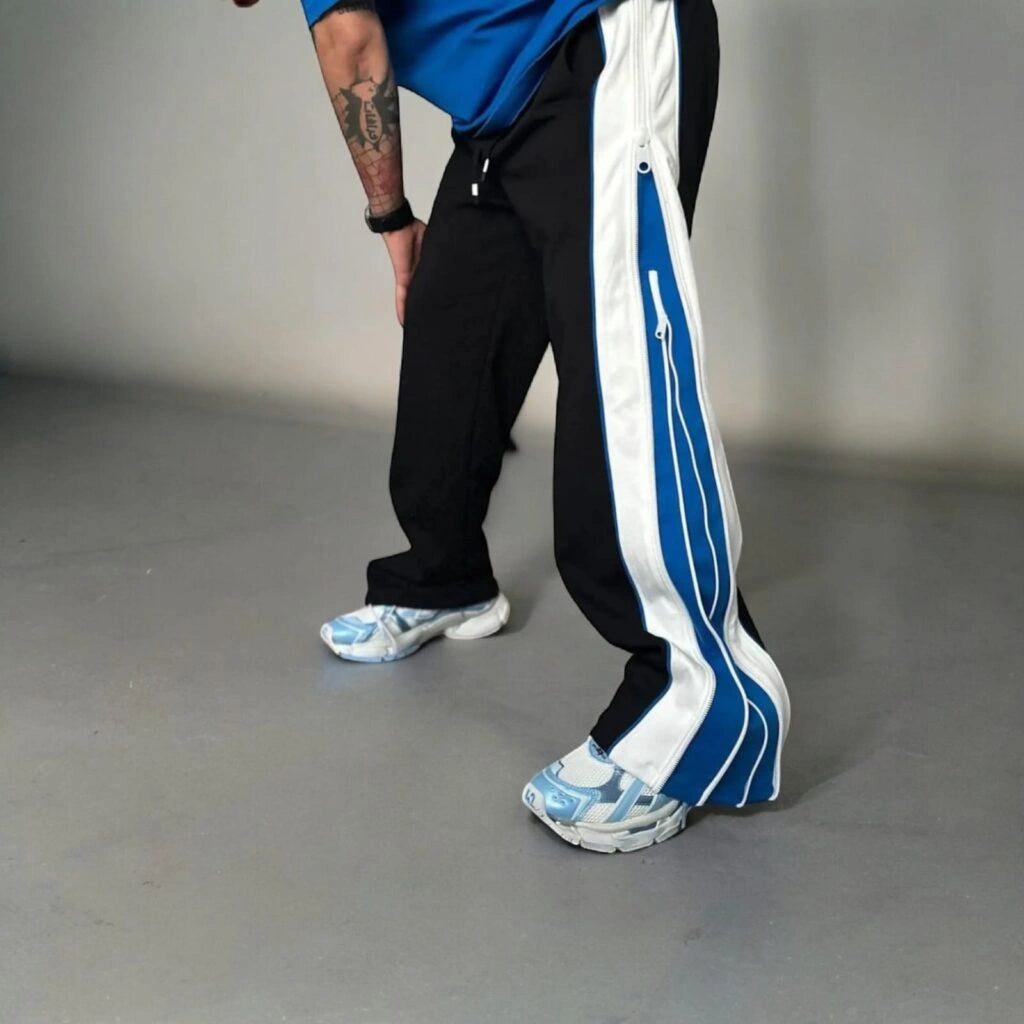 Men’s Wide Leg Track Pants with Side Zip Detail – Oversized Streetwear Pants, Contrast Panel Joggers for Casual & Urban Style