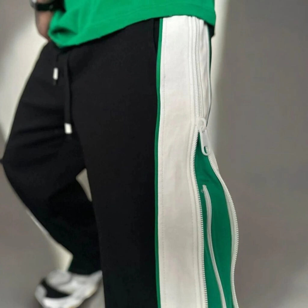 Men’s Black Track Pants with Green Side Panel & Zip Detail – Oversized Streetwear Joggers, Wide Leg Casual Pants for Urban Style