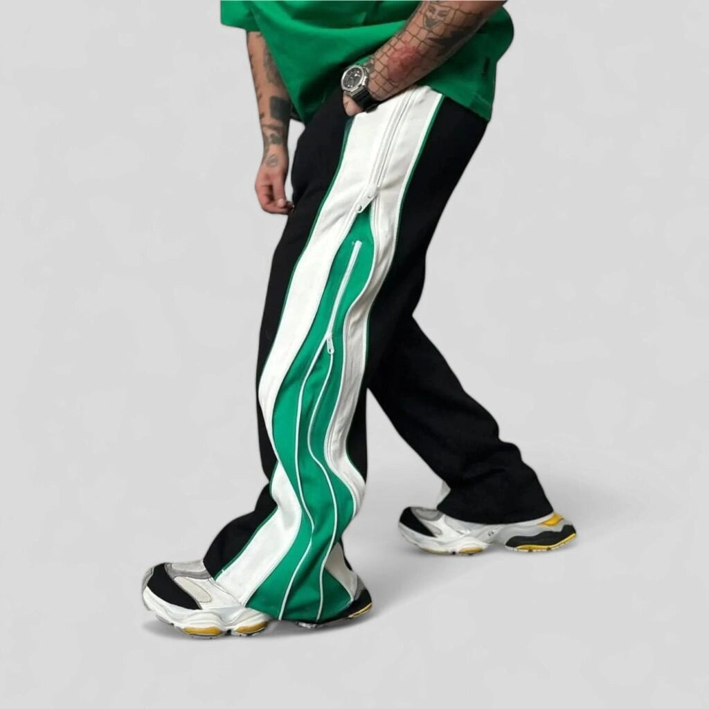 Men’s Black Track Pants with Green Side Panel & Zip Detail – Oversized Streetwear Joggers, Wide Leg Casual Pants for Urban Style