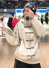 Oversized White Chinese Knot Jacket – Korean Streetwear High Neck Zip-Up Track Jacket
