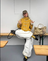 Oversized Mustard Yellow Chinese Knot Jacket – Korean Streetwear High Neck Zip-Up Jacket
