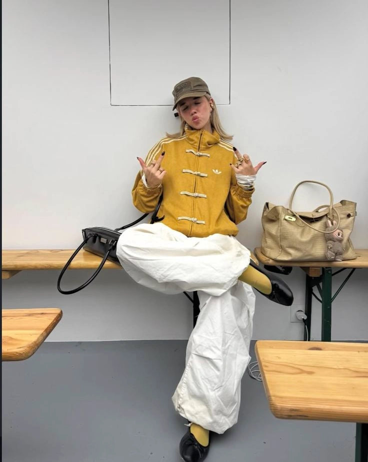 Oversized Mustard Yellow Chinese Knot Jacket – Korean Streetwear High Neck Zip-Up Jacket